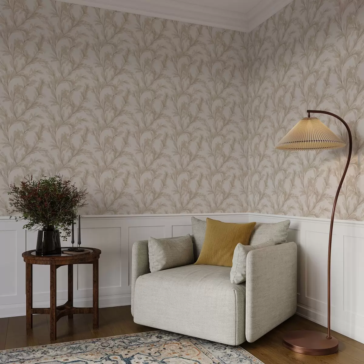 Papel pintado Ramitas en color beige acuarela, suave motivo botánico a00617 Papel pintado Ramitas en color beige acuarela, suave motivo botánico a00617