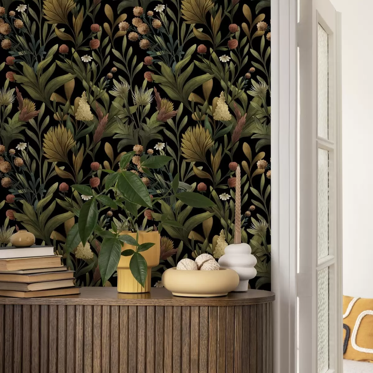 Papel pintado Jardín botánico sobre fondo negro, cálida paleta otoñal a00619 Papel pintado Jardín botánico sobre fondo negro, cálida paleta otoñal a00619