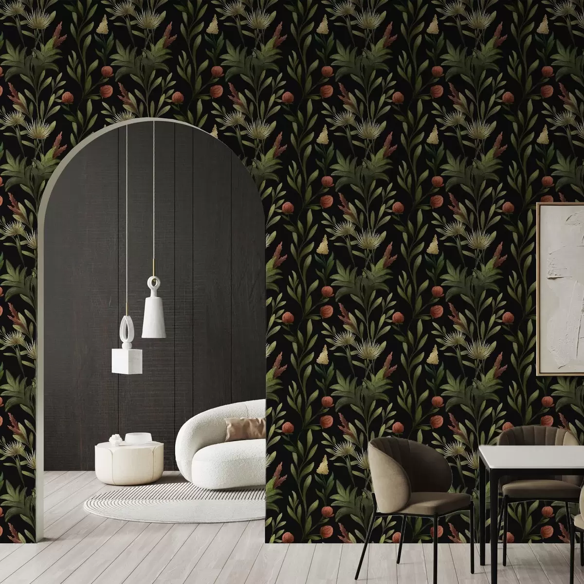 Papel pintado Hierbas altas y flores sobre fondo negro, estampado detallado a00620 Papel pintado Hierbas altas y flores sobre fondo negro, estampado detallado a00620