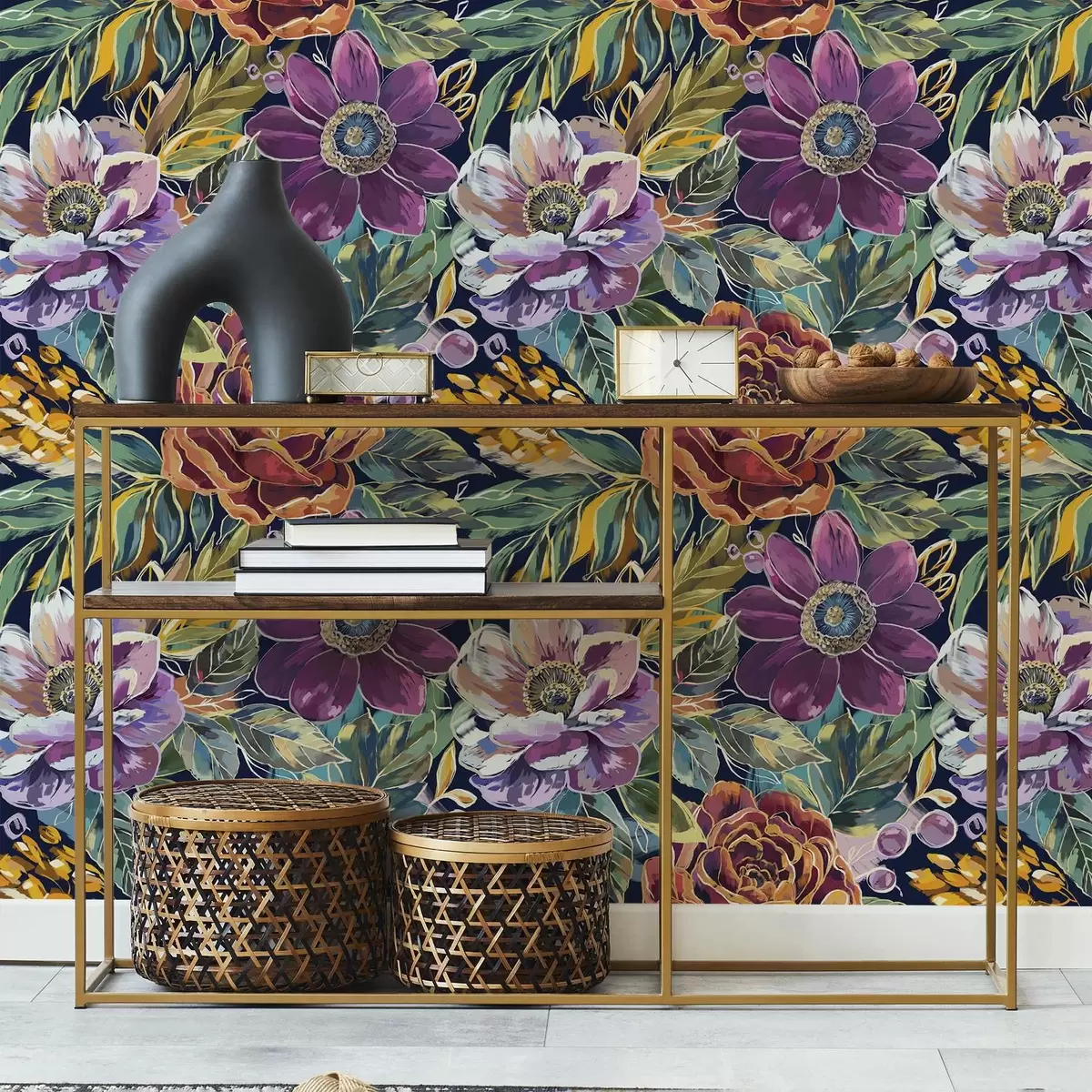 Papel pintado Flores grandes y llamativas pintadas con pincel sobre un fondo azul oscuro a00643 Papel pintado Flores grandes y llamativas pintadas con pincel sobre un fondo azul oscuro a00643