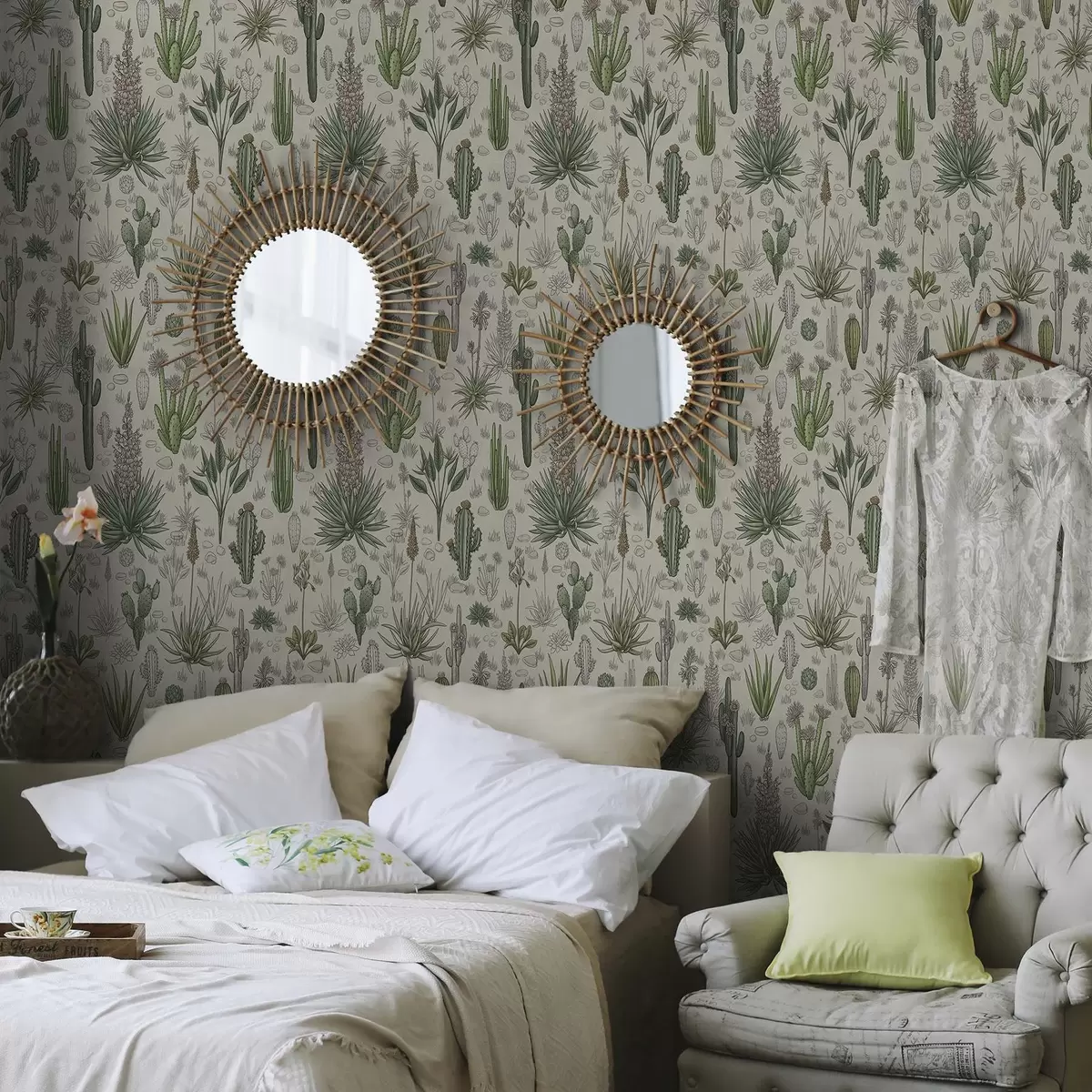 Papel pintado Cactus y suculentas sobre un fondo cálido, estampado detallado a00666