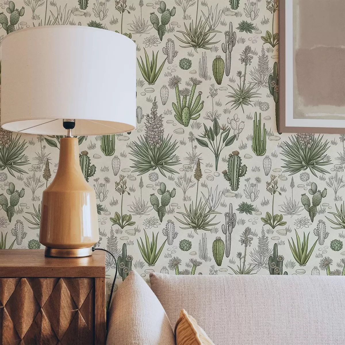 Papel pintado Cactus y suculentas sobre un fondo cálido, estampado detallado a00666 Papel pintado Cactus y suculentas sobre un fondo cálido, estampado detallado a00666