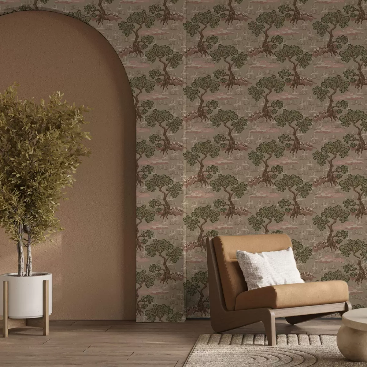 Papel pintado Paisaje oriental con árboles caprichosos sobre un fondo arenoso a00715 Papel pintado Paisaje oriental con árboles caprichosos sobre un fondo arenoso a00715