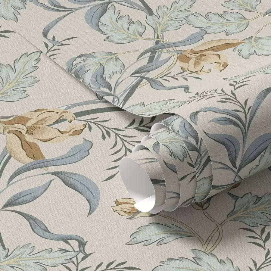 murales de pared Flores vintage con follaje azul sobre fondo crema a00717