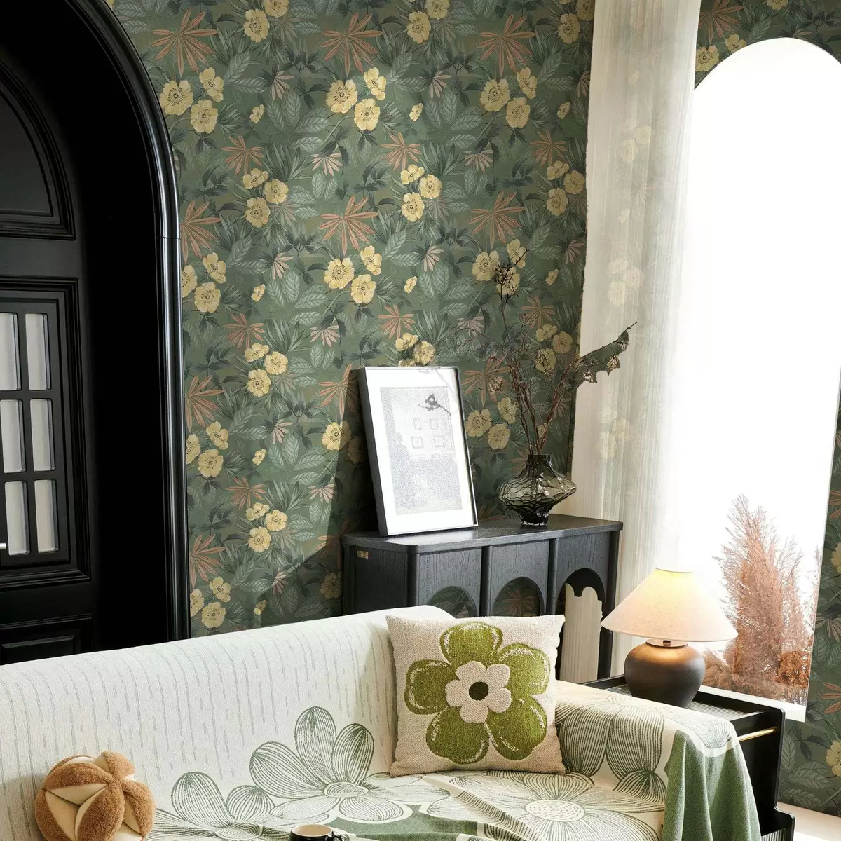 Papel pintado Flores amarillas entre texturas de hojas verdes a00718 Papel pintado Flores amarillas entre texturas de hojas verdes a00718