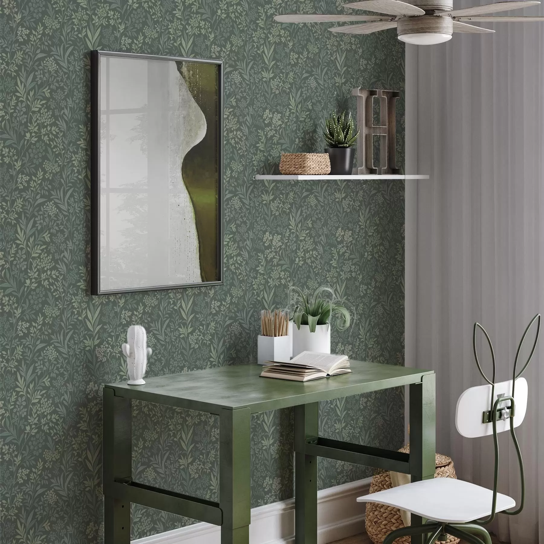 murales de pared Hierbas y bayas esmeralda, delicado diseño botánico a00740