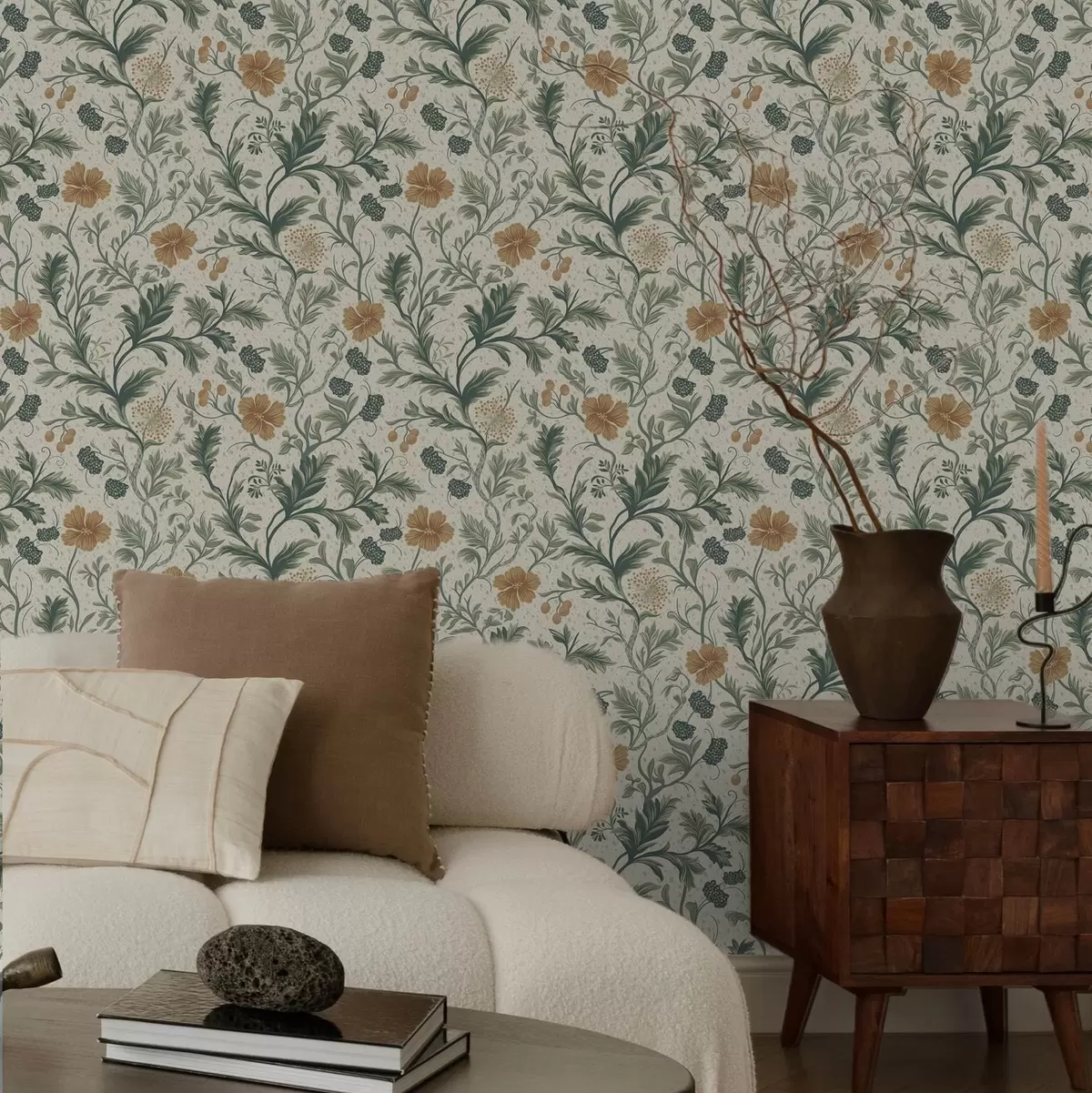 Papel pintado Ramitas delgadas con flores y bayas sobre un fondo granulado a00744 Papel pintado Ramitas delgadas con flores y bayas sobre un fondo granulado a00744