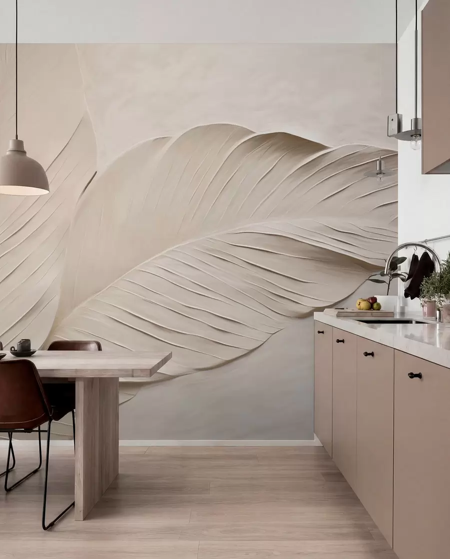 murales de pared Hojas beige en relieve con sombras suaves w04614