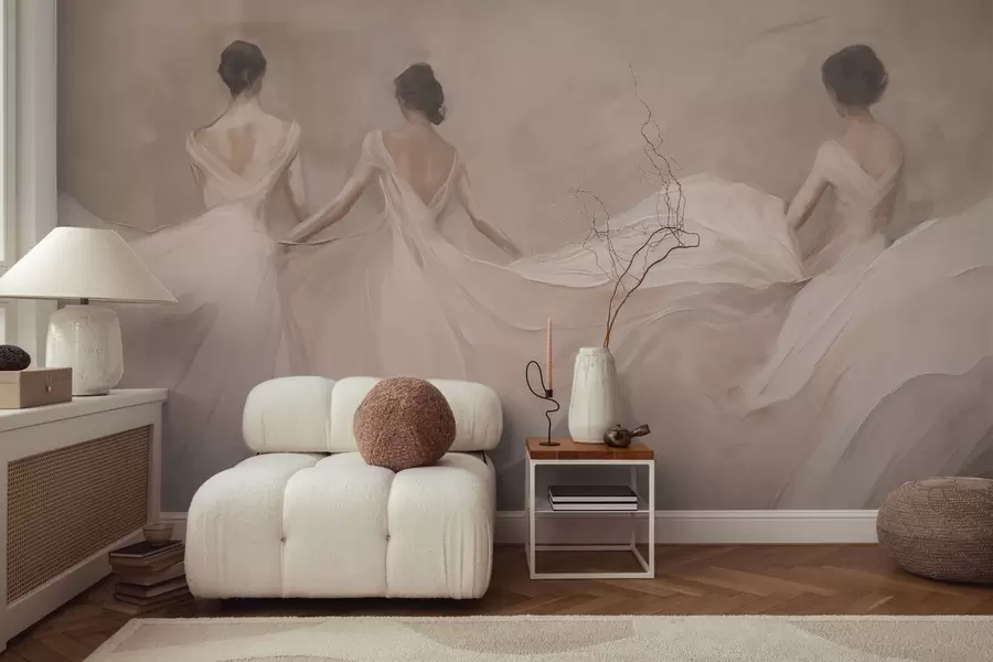 murales de pared Tres mujeres con vestidos rosas, tela fluida, suavidad w04709
