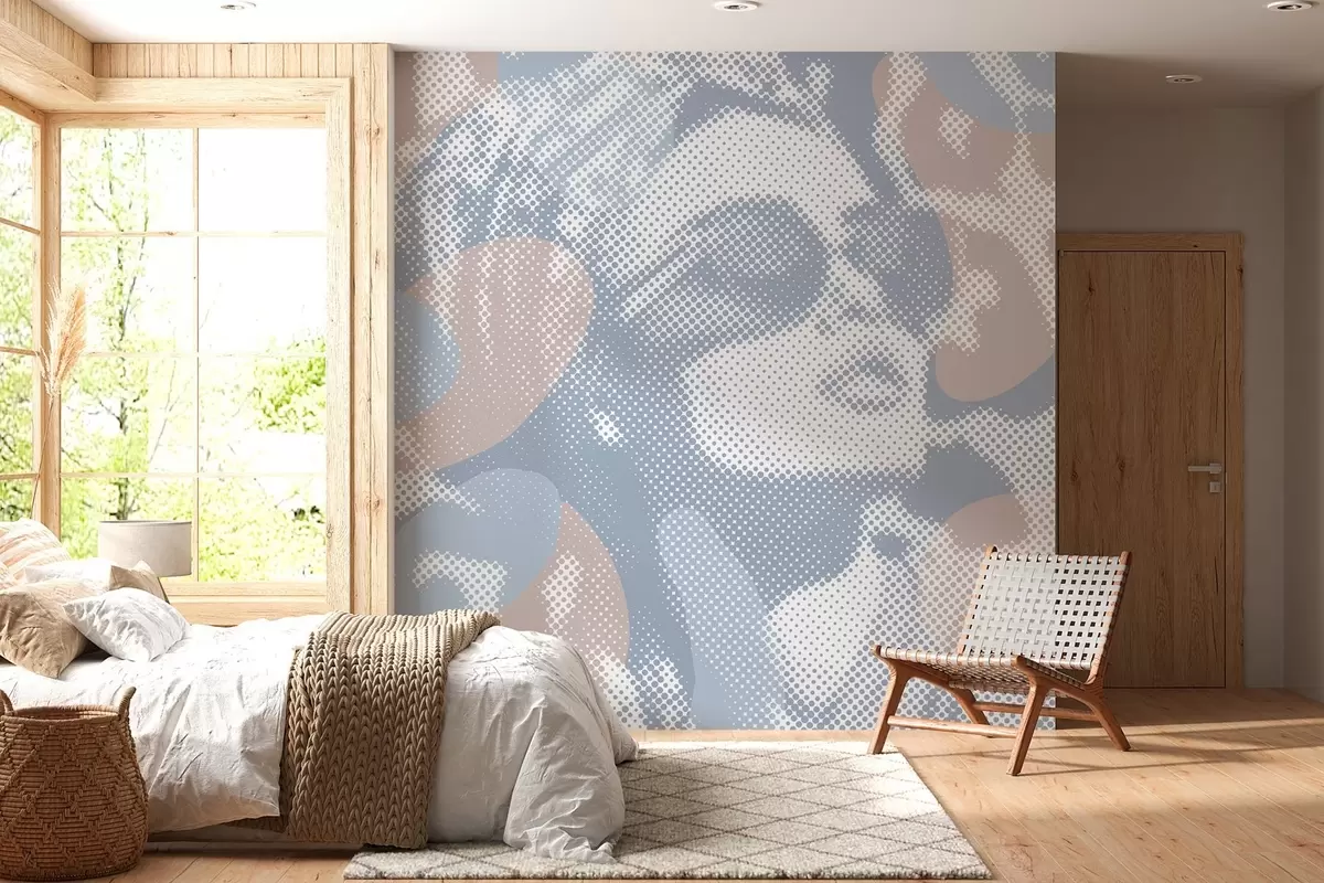 murales de pared retrato de una mujer sobre un fondo de leopardo en estilo punteado en tonos azules w04630v1