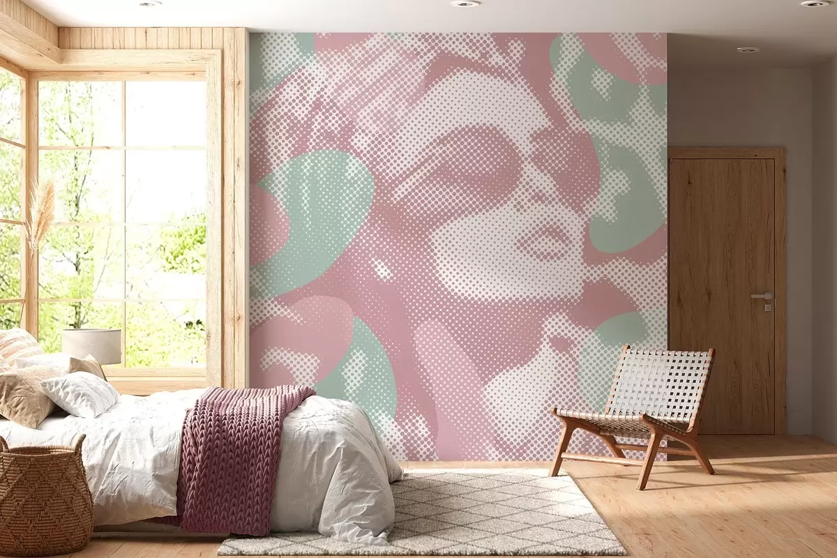 murales de pared retrato de una mujer sobre un fondo de leopardo en estilo punteado en tonos rosas y verdes w04630v2