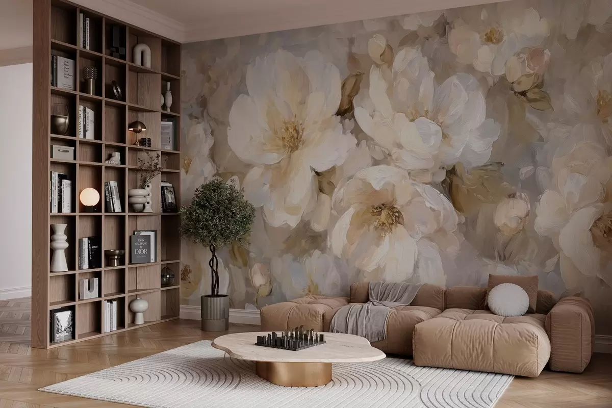 murales de pared flores grandes en tonos blancos y beige al estilo de la pintura al óleo w04633