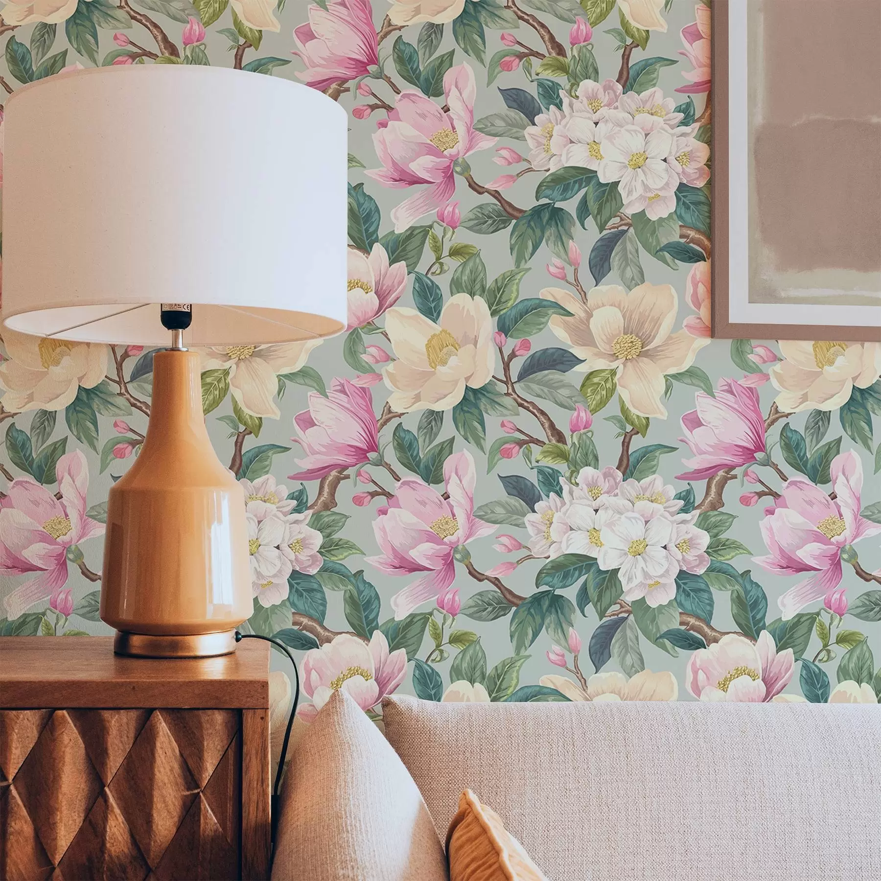 murales de pared Magnolias y flores blancas sobre fondo gris menta a00644