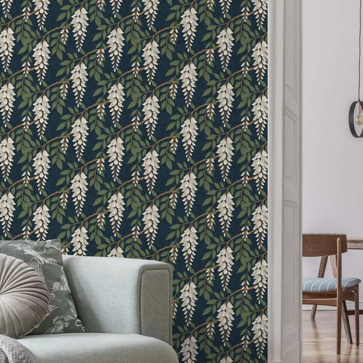 Papel pintado Glicinia marfil sobre fondo verde azulado intenso a00694v1 Papel pintado Glicinia marfil sobre fondo verde azulado intenso a00694v1