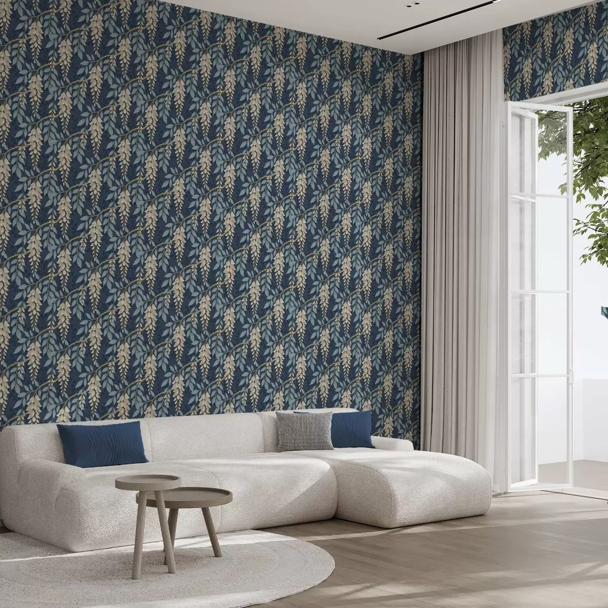 Papel pintado Glicinia con hojas azules sobre fondo azul oscuro a00694v2 Papel pintado Glicinia con hojas azules sobre fondo azul oscuro a00694v2