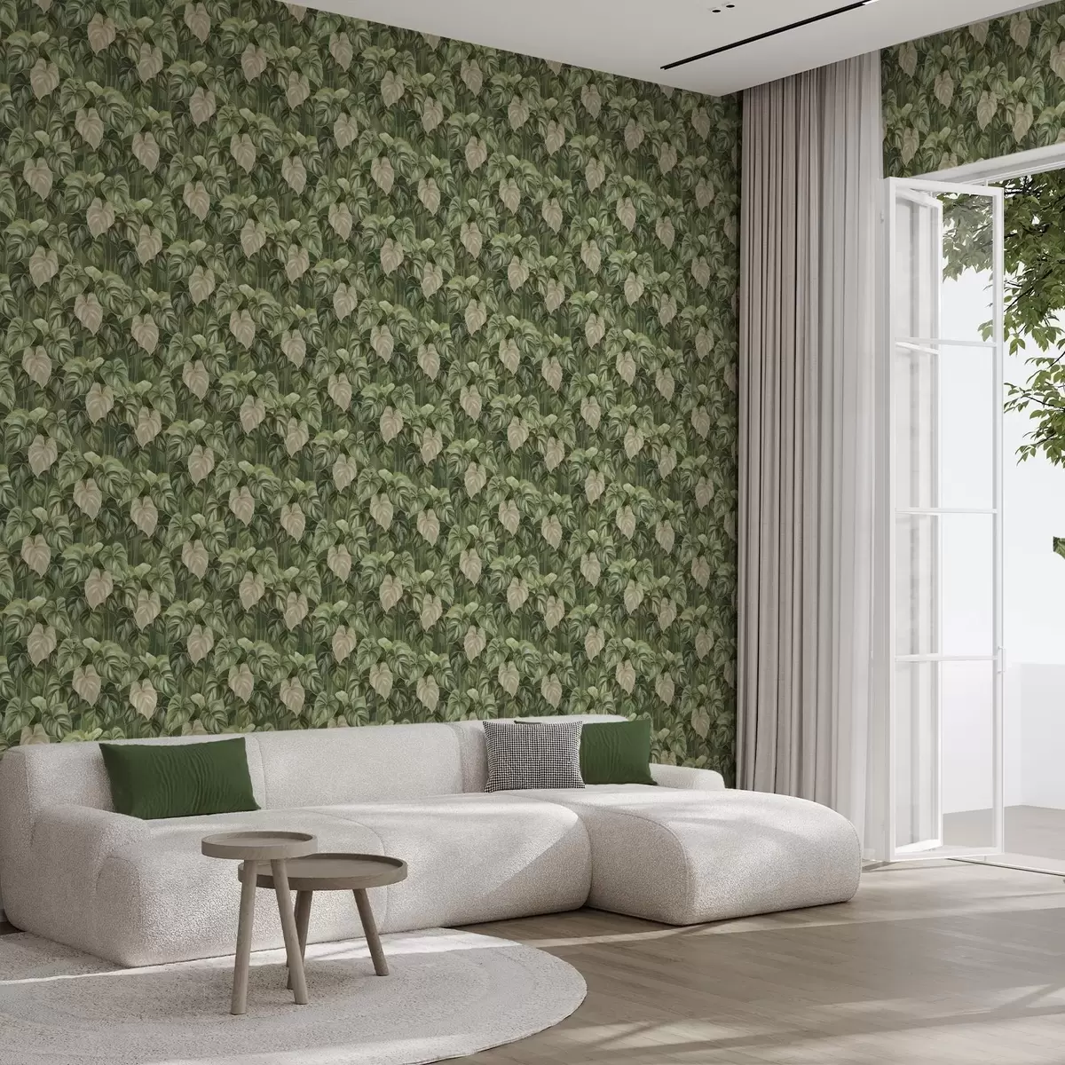 Papel pintado Exuberantes hojas de filodendro en tonos verdes y marfil a00695