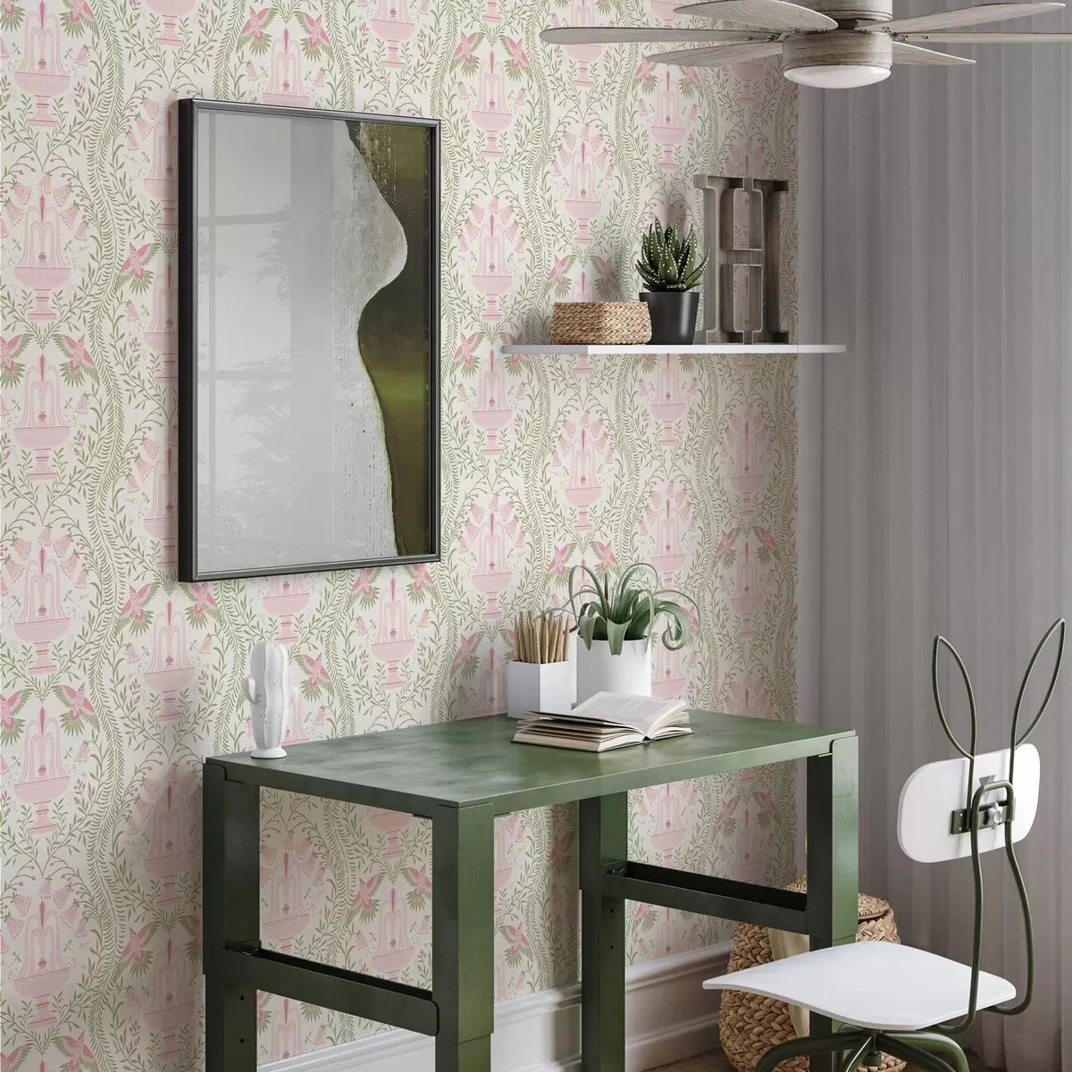 Papel pintado Fuentes, colibríes y volutas verdes sobre fondo claro a00723 Papel pintado Fuentes, colibríes y volutas verdes sobre fondo claro a00723