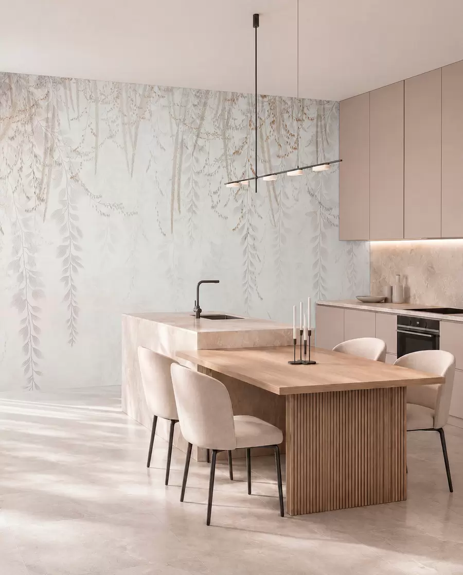 murales de pared Hojas y ramas ligeras colgantes en tonos beige w09433