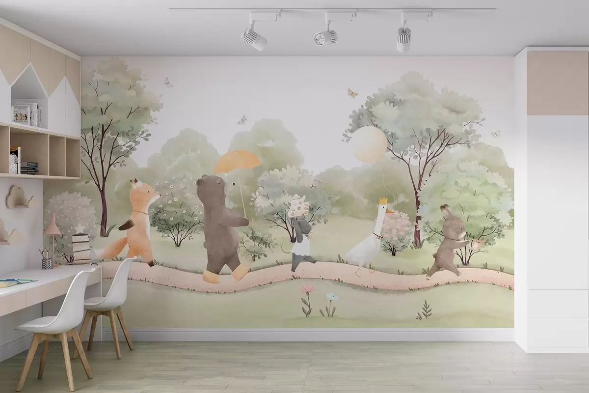 murales de pared Viaje festivo de pequeños animales por el bosque en estilo acuarela w09440