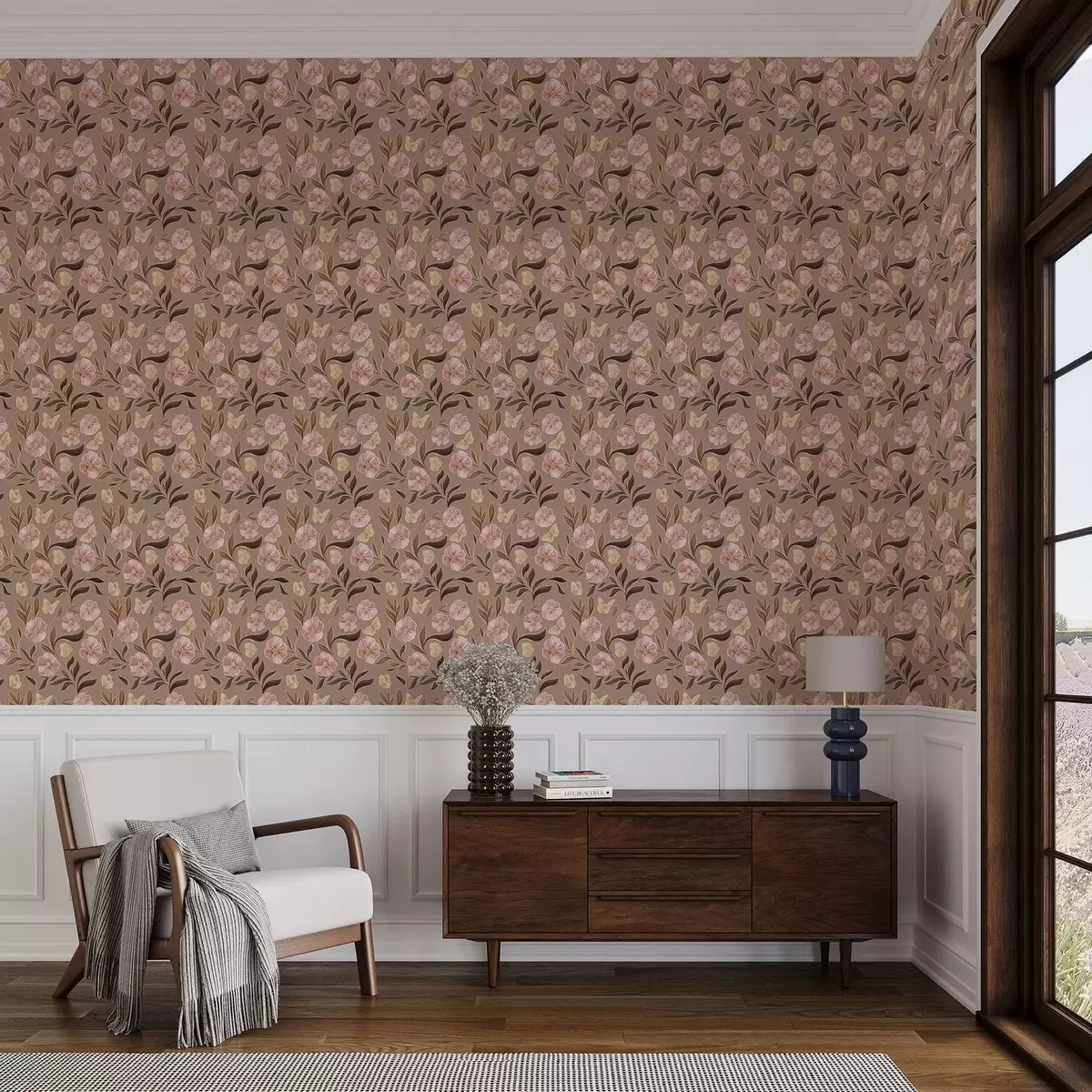 Papel pintado Flores rosas y mariposas sobre un cálido fondo marrón a00633v1 Papel pintado Flores rosas y mariposas sobre un cálido fondo marrón a00633v1