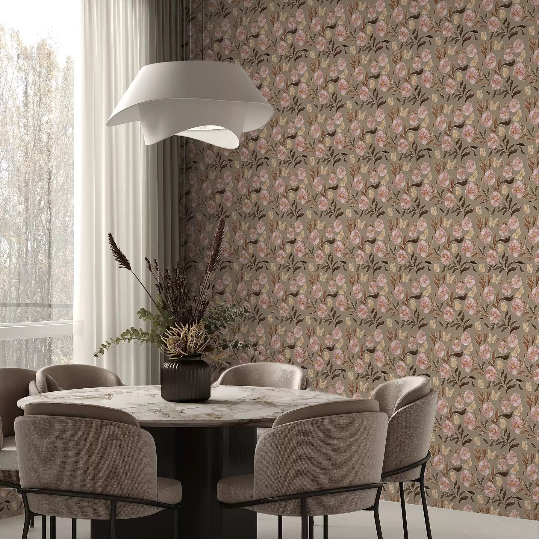 murales de pared Flores rosas y mariposas sobre fondo beige oliva a00633v2