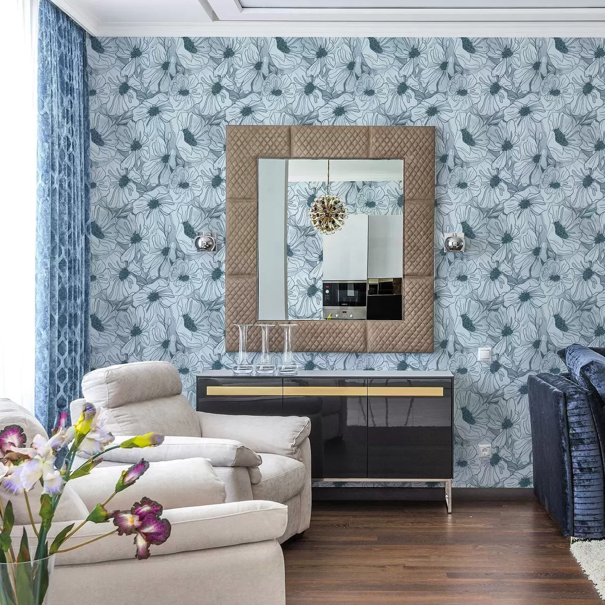 Papel pintado Flores lineales en una fresca paleta de colores gris azulados a00636v2 Papel pintado Flores lineales en una fresca paleta de colores gris azulados a00636v2