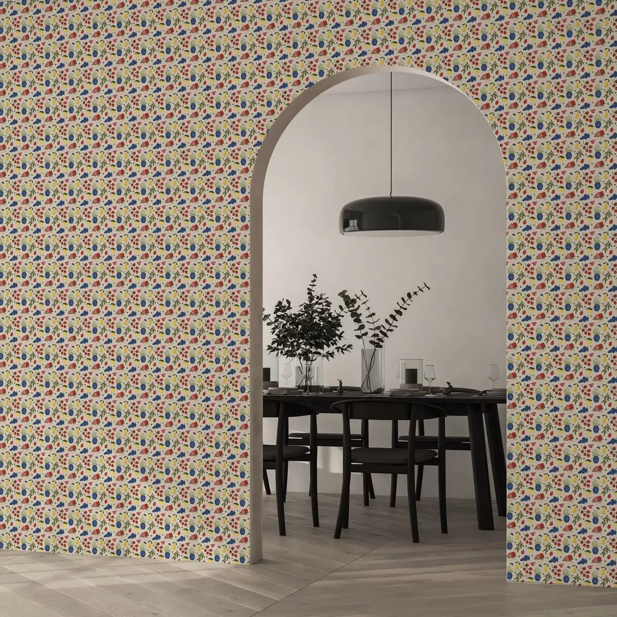 Papel pintado Patrón vibrante con frutas, ramas y jarrones a00637