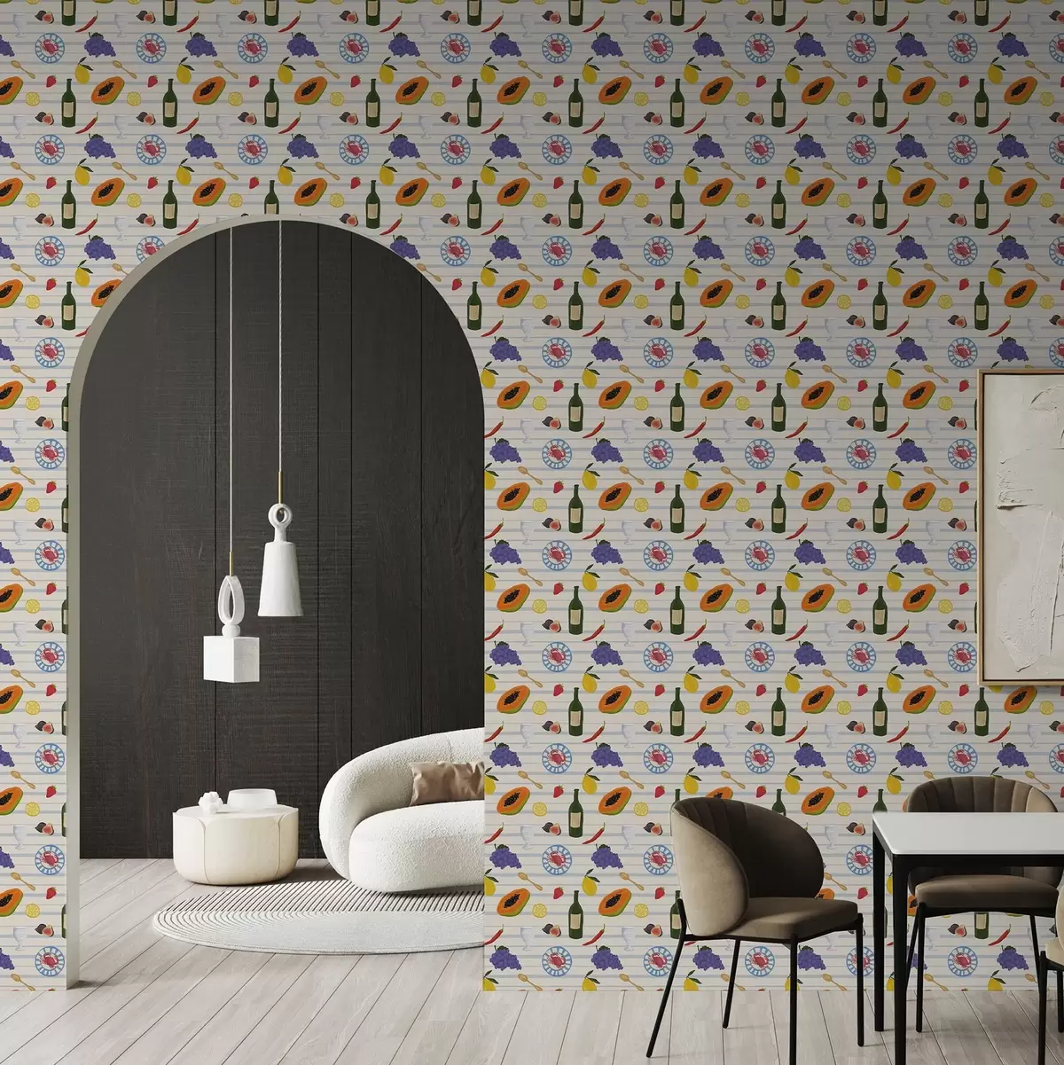 Papel pintado Lámina de cocina con frutas, vasos y platos a00638 Papel pintado Lámina de cocina con frutas, vasos y platos a00638