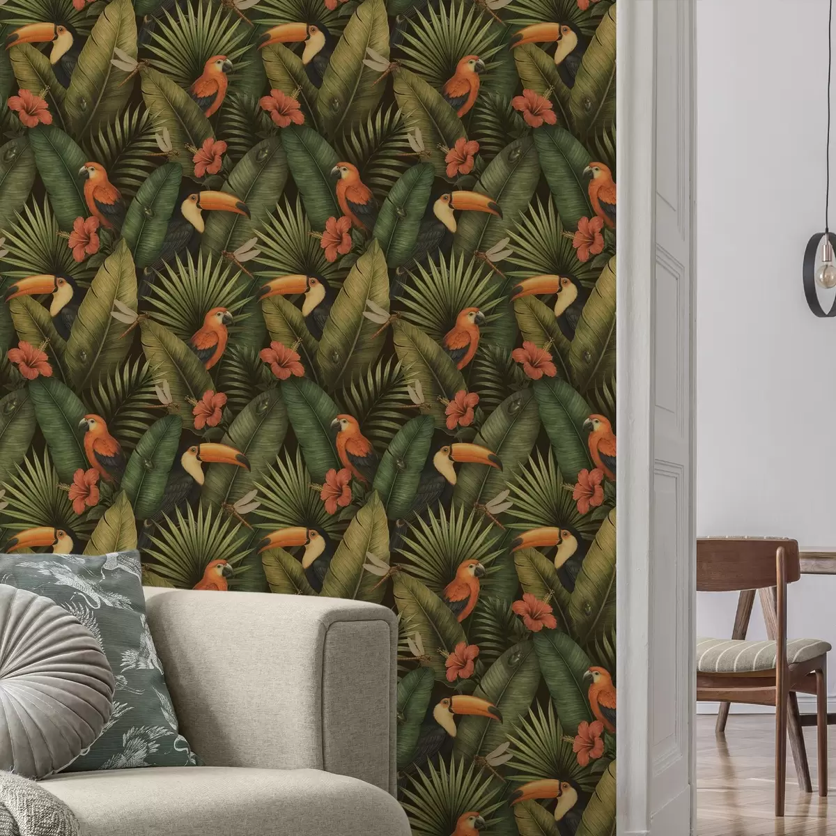 Papel pintado Tucanes y loros entre el follaje y las flores tropicales a00702 Papel pintado Tucanes y loros entre el follaje y las flores tropicales a00702