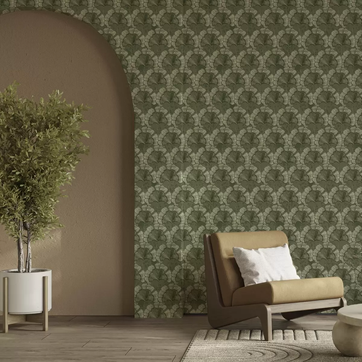 Papel pintado Diseño gráfico con ginkgo en una paleta de colores verdes fríos a00709 Papel pintado Diseño gráfico con ginkgo en una paleta de colores verdes fríos a00709