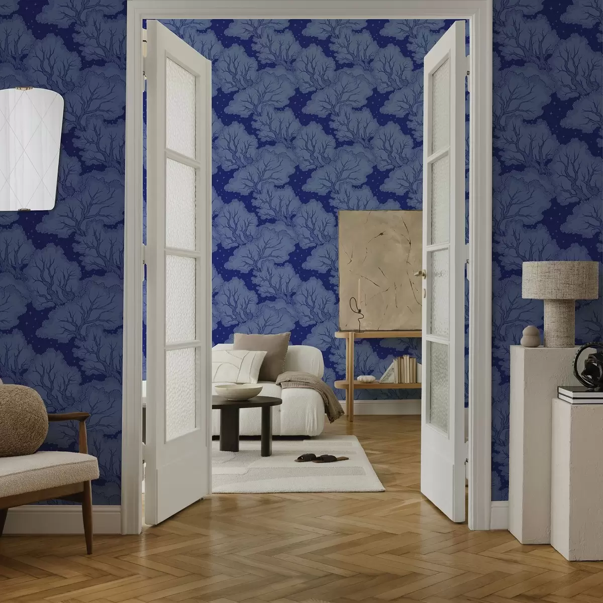 Papel pintado Siluetas de árboles bajo un cielo estrellado en tonos azules a00798 Papel pintado Siluetas de árboles bajo un cielo estrellado en tonos azules a00798