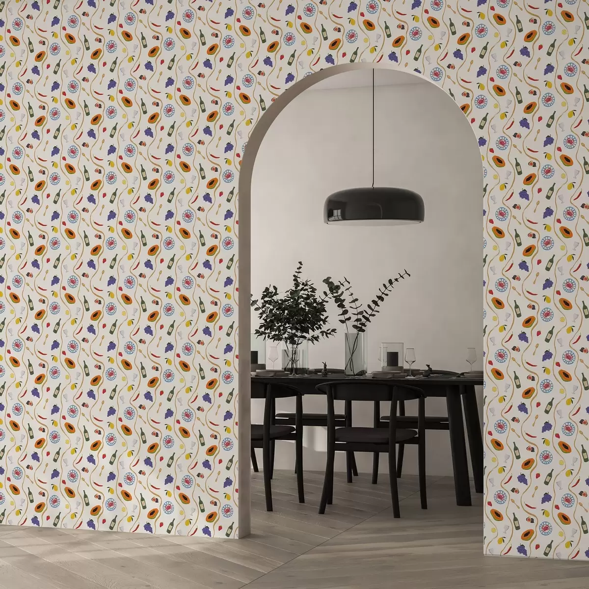 Papel pintado Botellas, papaya, limones y especias sobre un fondo claro. a00802 Papel pintado Botellas, papaya, limones y especias sobre un fondo claro. a00802