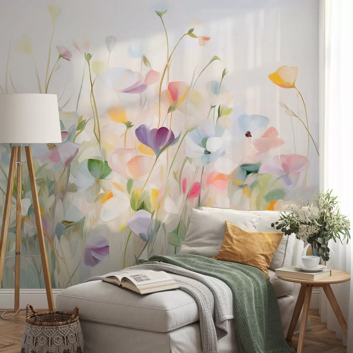 murales de pared Campo abstracto de flores coloridas con tallos largos y hojas verdes, texturizado, colores pastel y claros w09466
