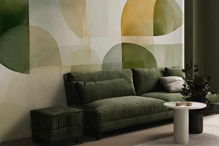 murales de pared Formas abstractas con textura en tonos verdes y amarillos, colores apagados, composición minimalista, fondo neutro w09467