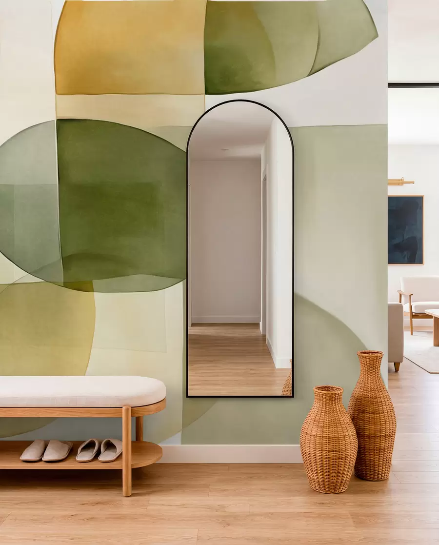 murales de pared Formas abstractas con textura en tonos verdes y amarillos, colores apagados, composición minimalista, fondo neutro w09467