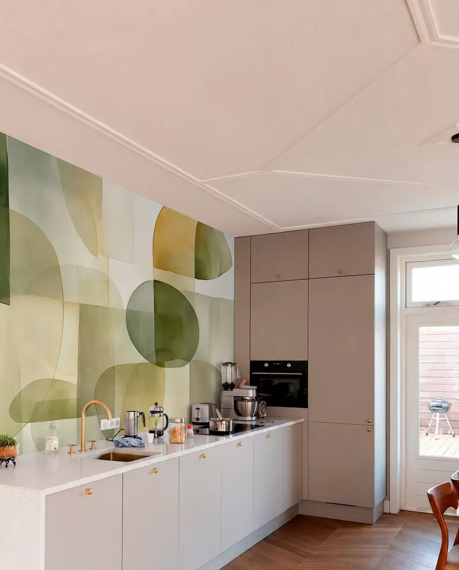 murales de pared Formas abstractas con textura en tonos verdes y amarillos, colores apagados, composición minimalista, fondo neutro w09467