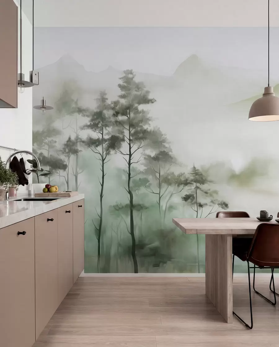 murales de pared Paisaje brumoso con árboles altos y montañas en tonos verdes y grises apagados, estilo minimalista, texturizado w09469