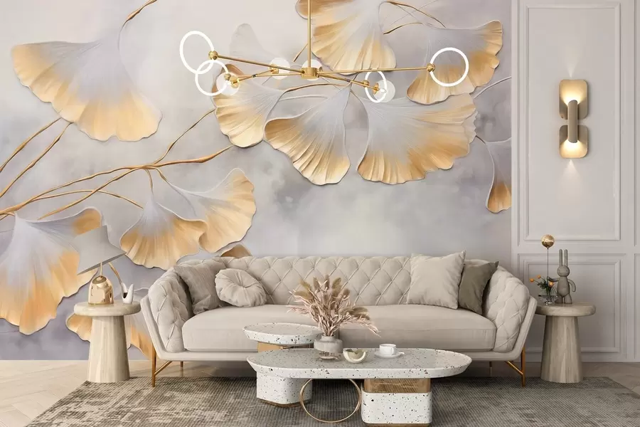 murales de pared Hojas de ginkgo biloba con bordes amarillos en una rama, fondo gris texturizado, diseño elegante y minimalista w09472