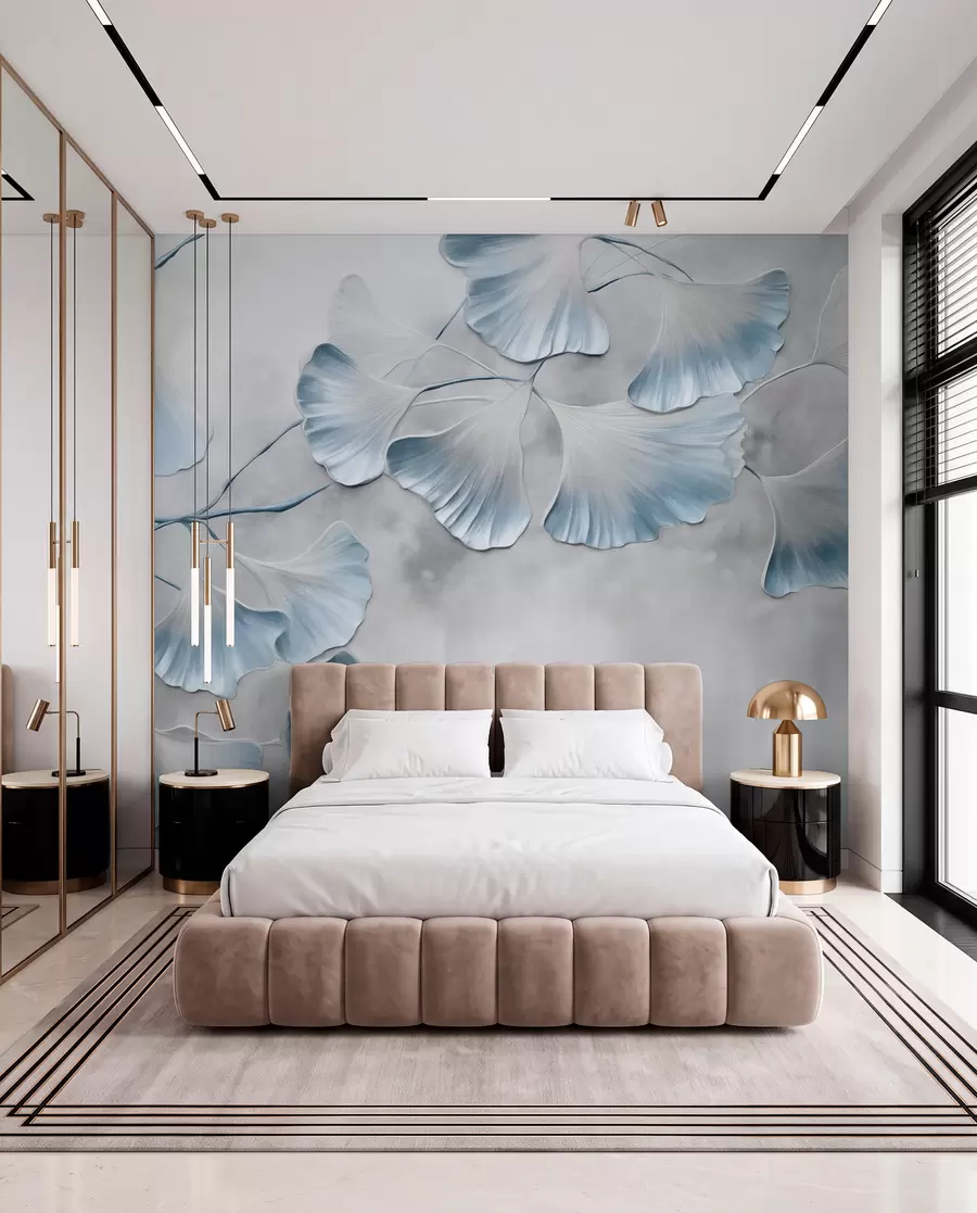 murales de pared Hojas de ginkgo biloba con bordes azules en una rama, fondo gris texturizado, diseño elegante y minimalista w09472v1