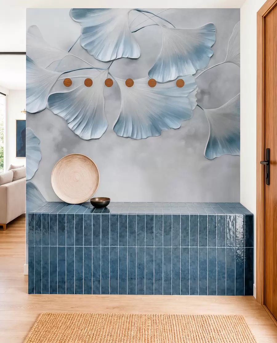 murales de pared Hojas de ginkgo biloba con bordes azules en una rama, fondo gris texturizado, diseño elegante y minimalista w09472v1