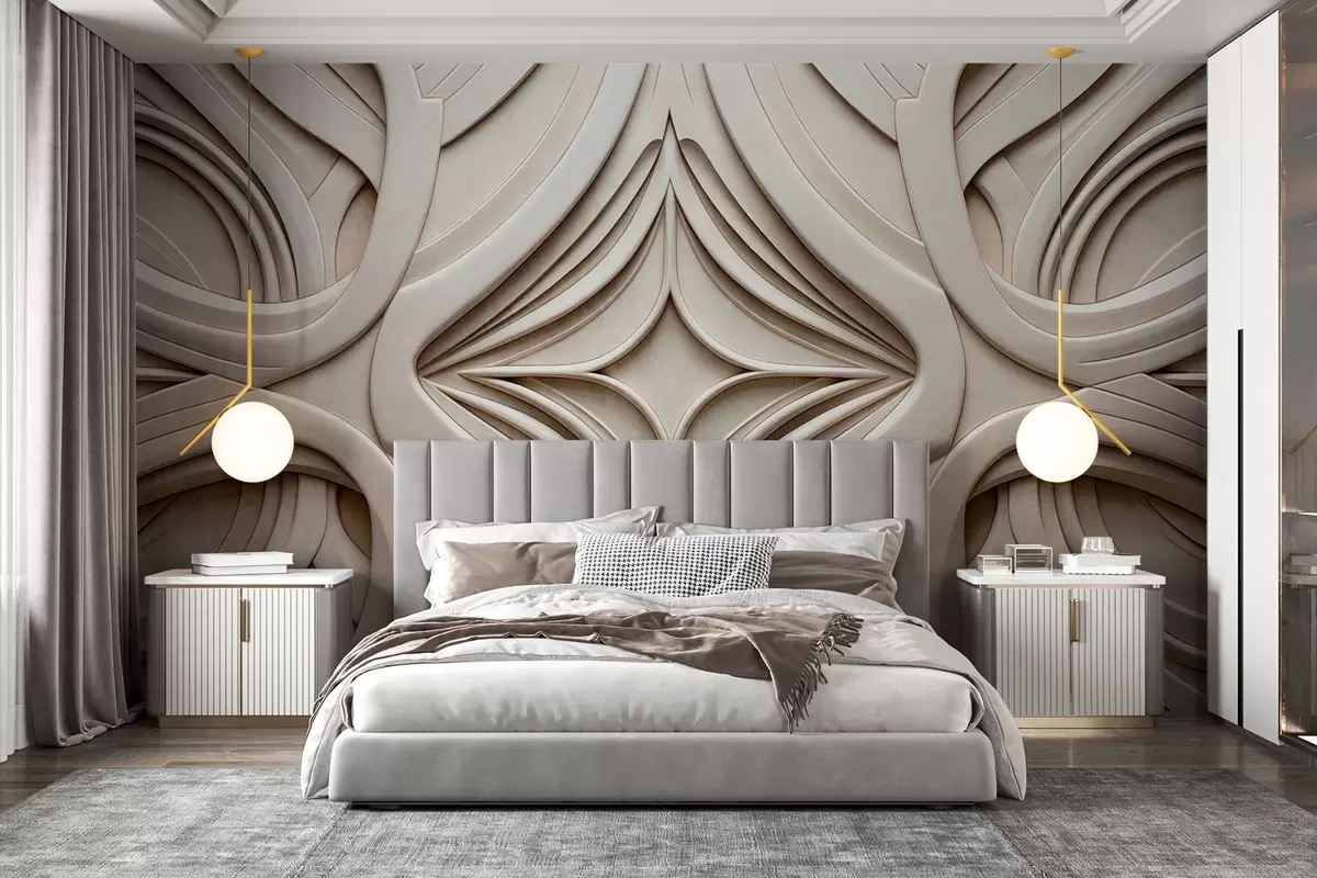 murales de pared Estampado geométrico abstracto simétrico con textura, color beige claro, estilo art déco, detalles intrincados w09473