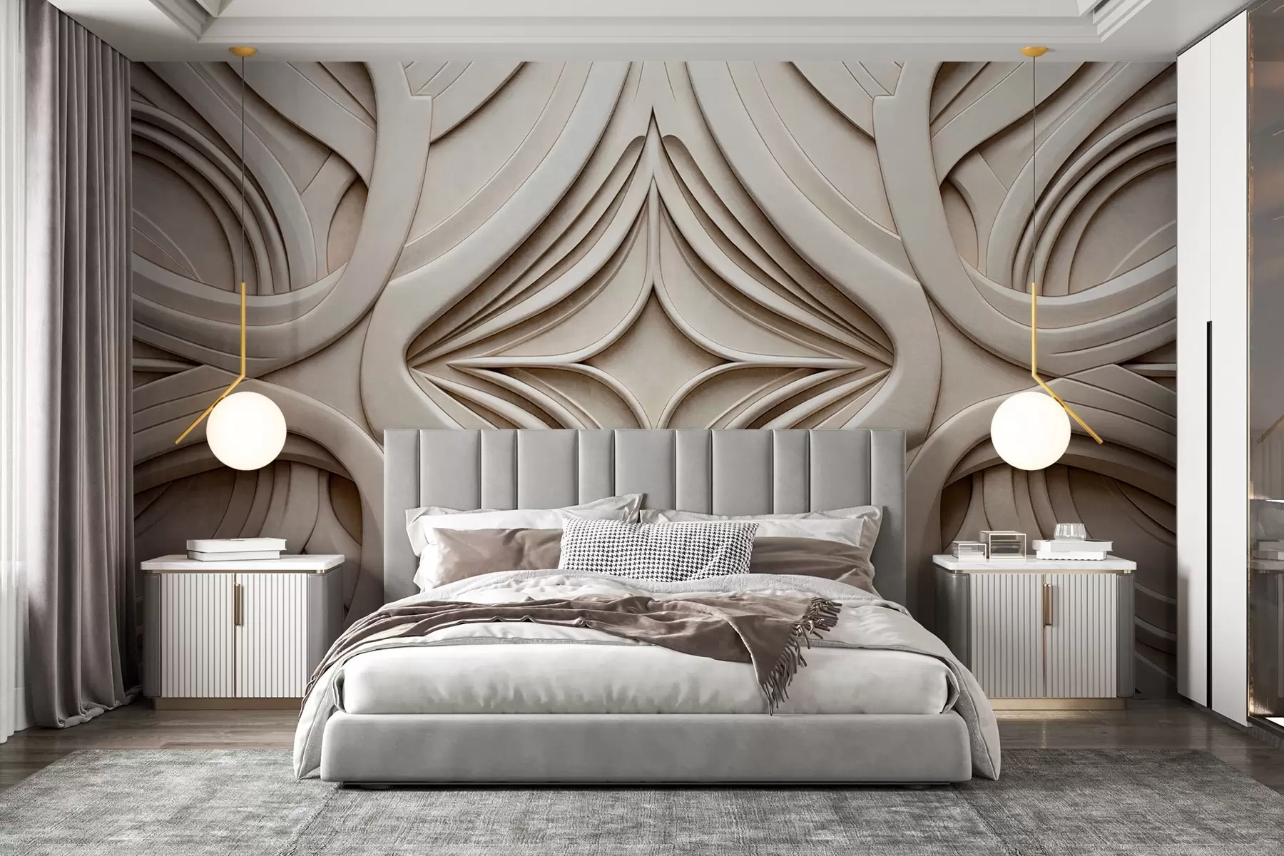 murales de pared Estampado geométrico abstracto simétrico con textura, color beige claro, estilo art déco, detalles intrincados w09473