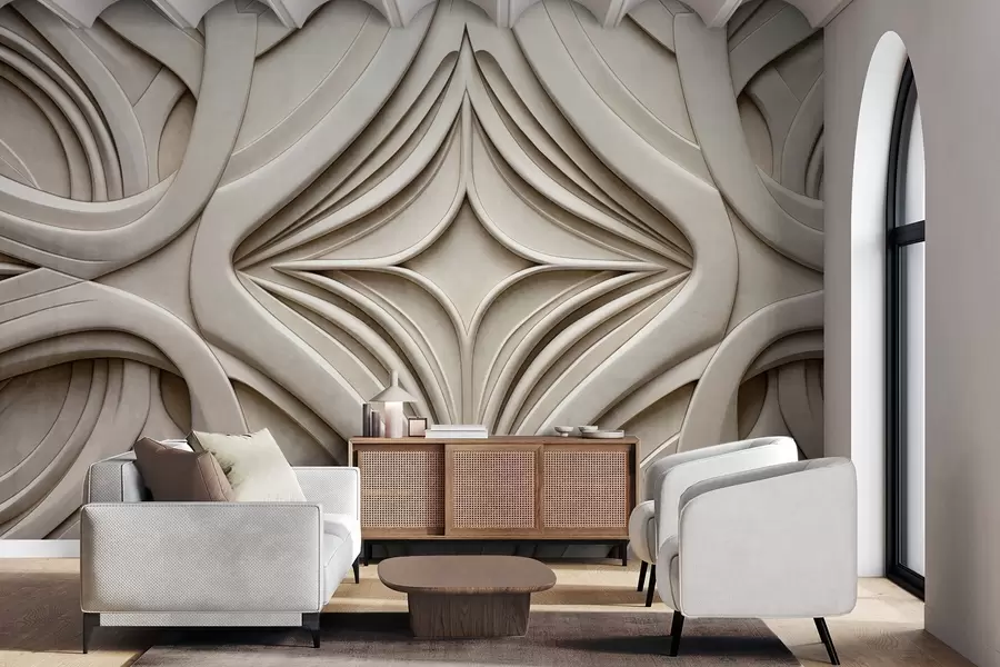 murales de pared Estampado geométrico abstracto simétrico con textura, color beige claro, estilo art déco, detalles intrincados w09473