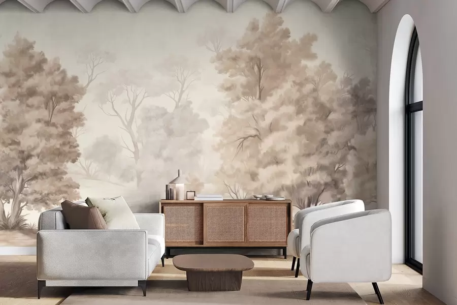 murales de pared Pintura paisajística texturizada que imita un bosque con árboles altos y hierba, colores apagados y suaves, escena relajante w09474