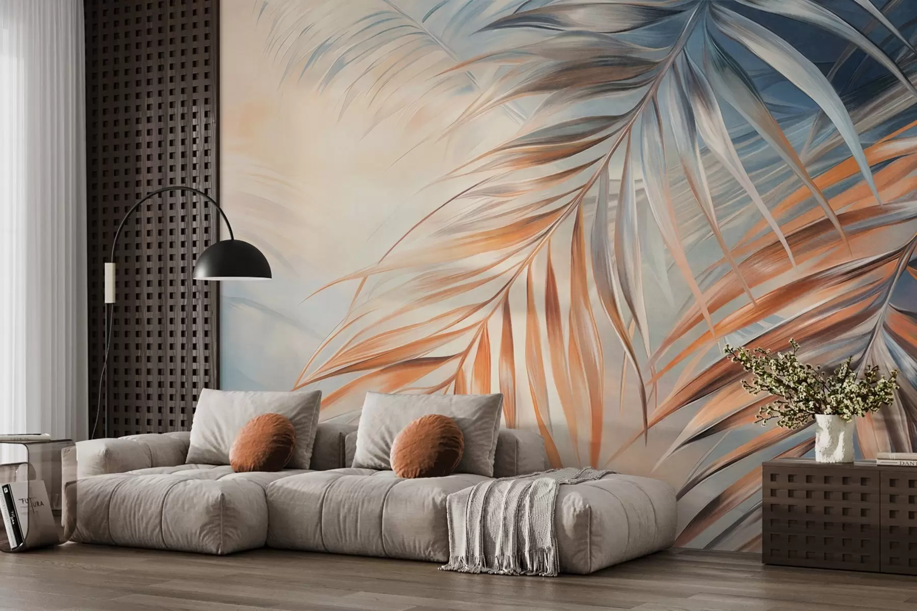 murales de pared Hojas de palmera con tonos naranjas y azules, fondo con textura ligera y colores suaves, elegante estilo tropical w09475