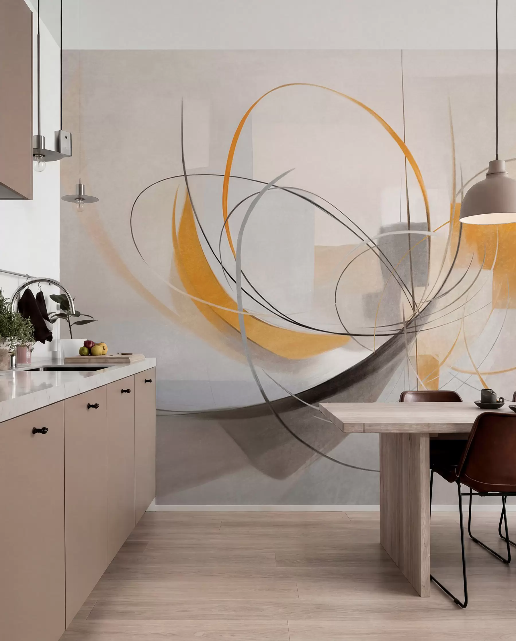 murales de pared Estilo pictórico moderno abstracto con texturas, líneas curvas y formas geométricas en tonos grises, blancos y naranjas w09476