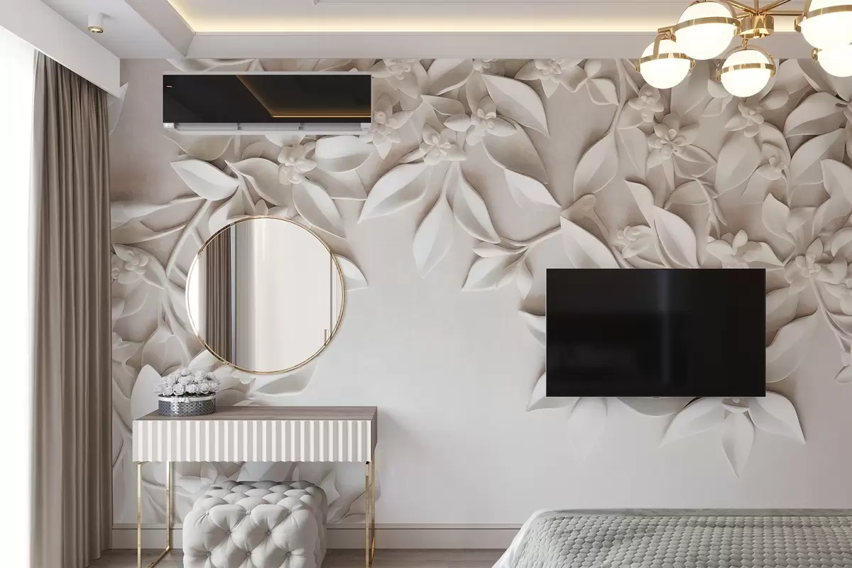murales de pared Flores y hojas blancas con textura, arreglo floral, diseño elegante, estilo minimalista, arte decorativo w09479