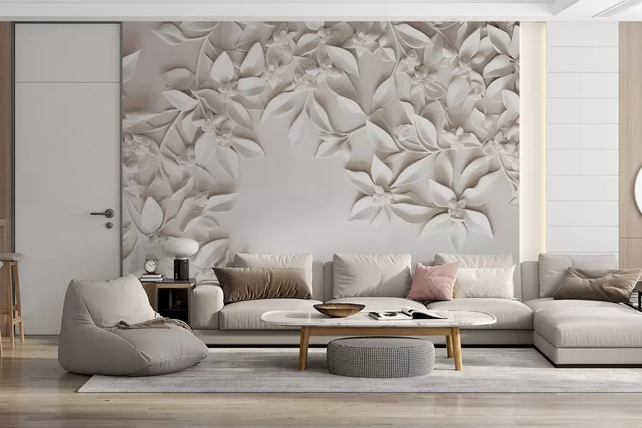 murales de pared Flores y hojas blancas con textura, arreglo floral, diseño elegante, estilo minimalista, arte decorativo w09479