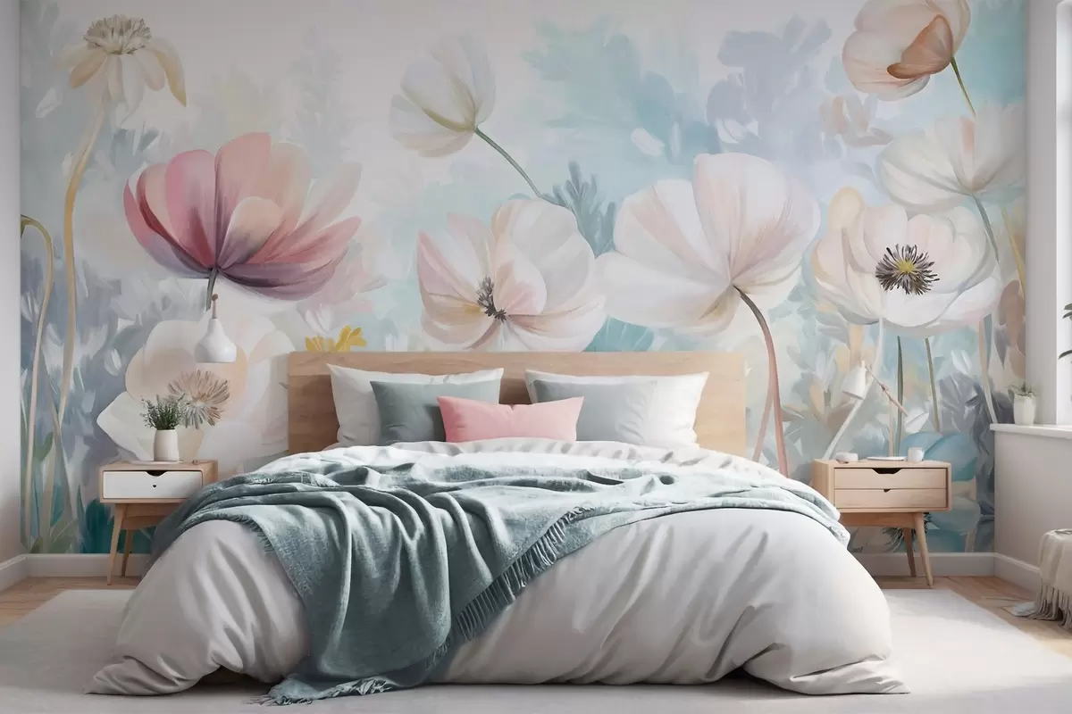 murales de pared Un campo de flores en tonos pastel con delicados pétalos y suaves hojas verdes, en un estilo acuarela onírico y texturizado w09481