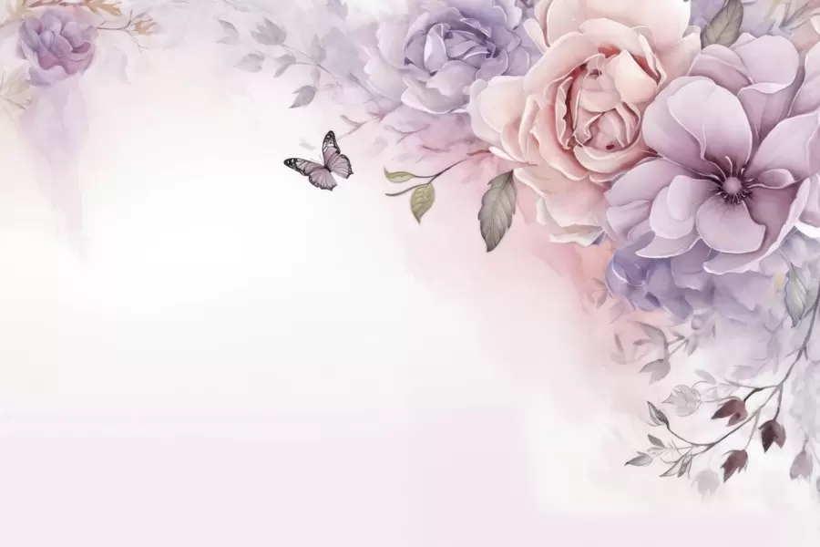 murales de pared Delicadas flores rosas y lilas con una mariposa w04711